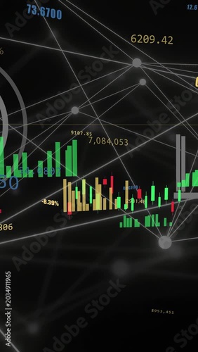 Vertical video: HUD ring appearing, candlestick cluster panning and growing highlighting nodes