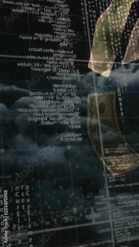 Vertical video: Gold block entering right, rotating, fragmenting while code reflowing showing data