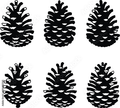 Black silhouette pine cones set on a flat design