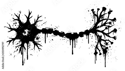 Tableau sur toile Biological neuron cell with nerve branches and ink splatters in grunge anatomica