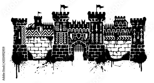 Fotografie Medieval castle fortress with ornamental patterns in a distressed grunge style