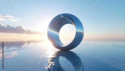 Shiny metallic torus sculpture on reflective surface at sunrise or sunset with blue sky