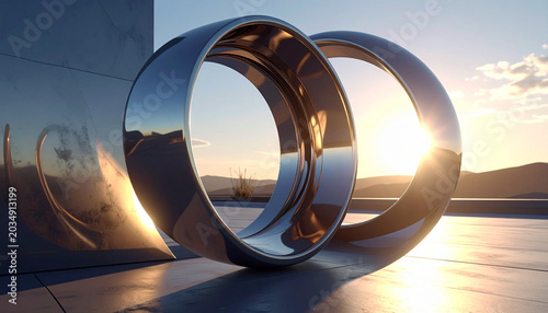Shiny metallic silver rings sculpture on rooftop at sunset with reflective surface