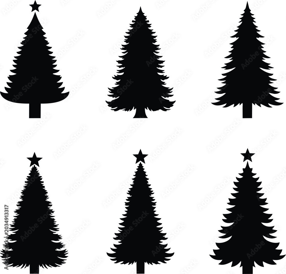 Obraz premium Set of six black christmas tree silhouettes with stars