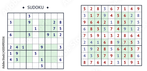 Photos Sudoku puzzle grid with clues and completed solution example