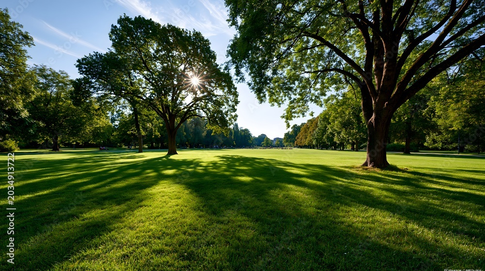 Fototapeta premium Grüne Parklandschaft mit großen Bäumen und Sonnenlicht an einem Sommertag