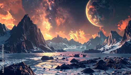 Dramatic mountain landscape with fiery sunset glow.