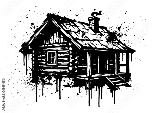 Quadro su tela Wooden log cabin house with chimney in rustic grunge stencil style