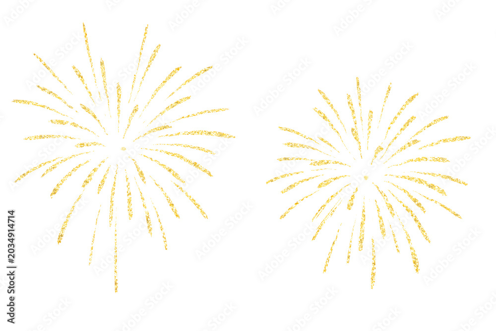 Obraz premium Golden fireworks burst isolated on white background, festive celebration decoration element.
