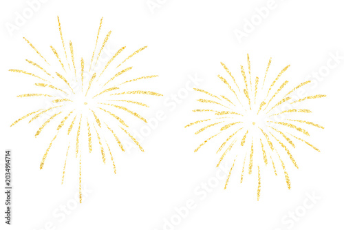 Golden fireworks burst isolated on white background, festive celebration decoration element.