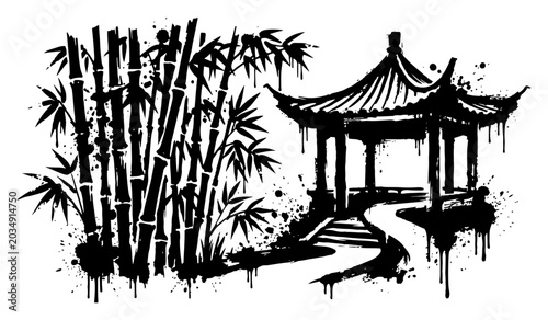 Bild auf Leinwand Traditional pagoda gazebo beside bamboo stalks in grunge oriental style