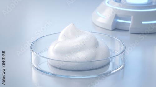 white whipped foam cream with glitter particles sits on a glass petri dish inside a futuristic cosmetic laboratory