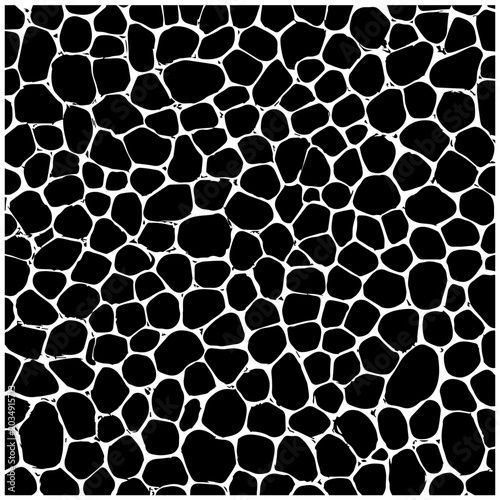Seamless black and white cobblestone texture pattern with irregular stones and grout lines perfect for backgrounds and design elements