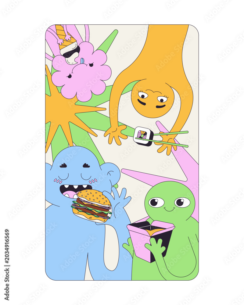 Fototapeta premium Funky fast food friends party modern splash screen illustration. Whimsical characters enjoying sushi, burger and noodles. Web design UI. Flat vector concept. Mobile app launch. Micro UX scene