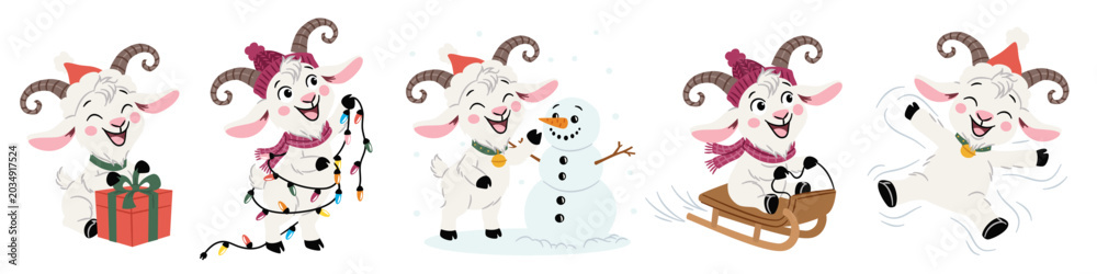 Obraz premium A collection of vector illustrations in a simple, childlike style. Cute little goats wearing Santa hats, wrapped in garlands. A collection of New Year's illustrations . Vector illustration