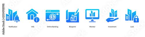 Foto Digital Security web banner icon vector illustration featuring Notification, Info, Online Banking, Blueprint, Monitor, Investment, and Lock