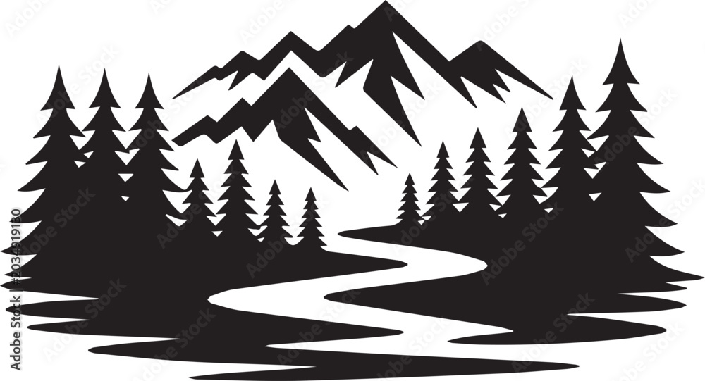 Obraz premium Forest and mountains landscape silhouette with pine trees and winding river vector illustration for outdoor adventures.