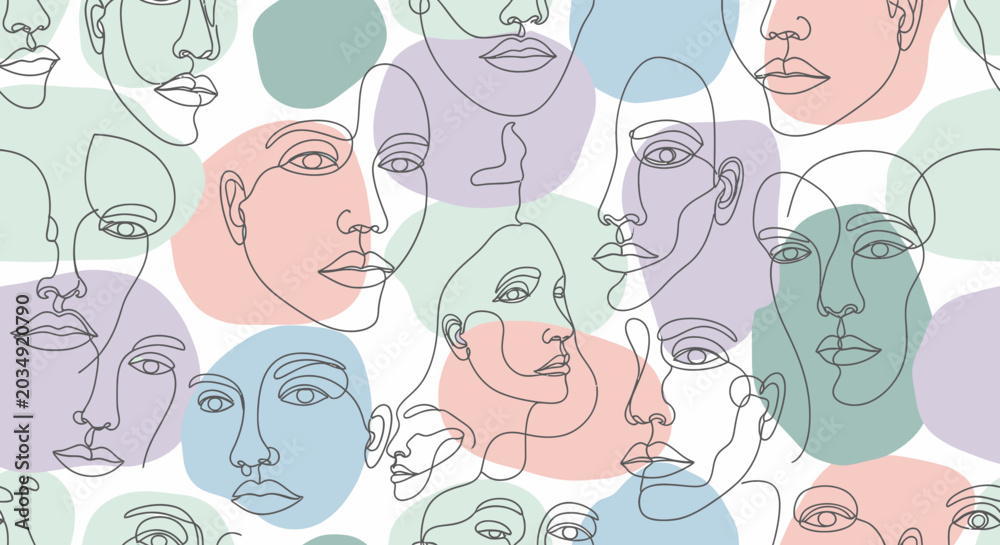 Fototapeta premium Continuous line art faces pattern with pastel abstract shapes