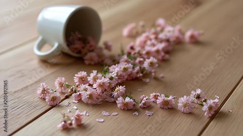 White Cup Tipped Over with Small Pink Flowers and Petals