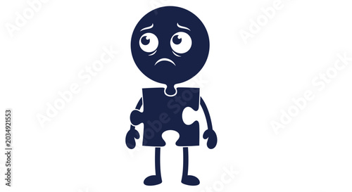 Tableau sur toile Sad Puzzle Piece Character with Missing Part, Feeling Incomplete
