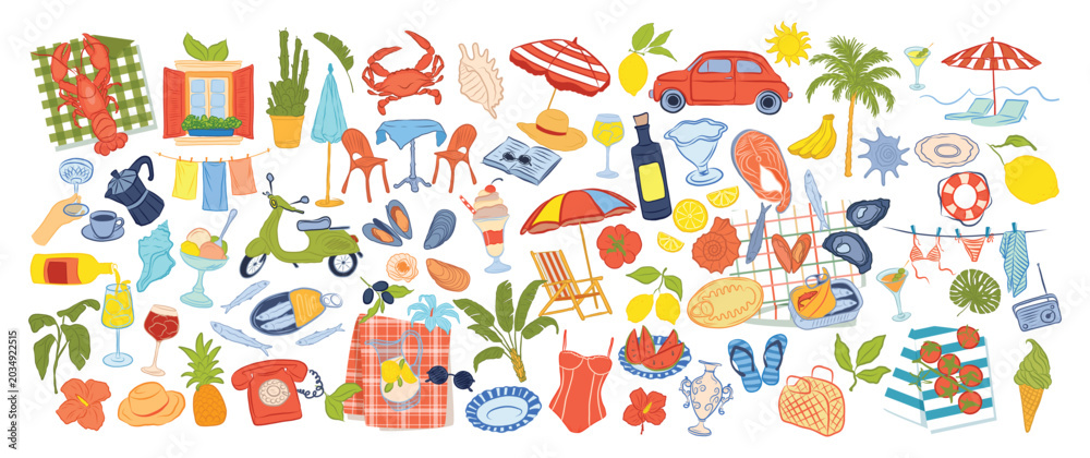 Obraz premium Italian summer vacation icons set Hand drawn Italy Mediterranean drawings Dolce vita amalfi style Italian holiday doodle elements retro vibe. Great for prints, posters, cards, stickers, decor