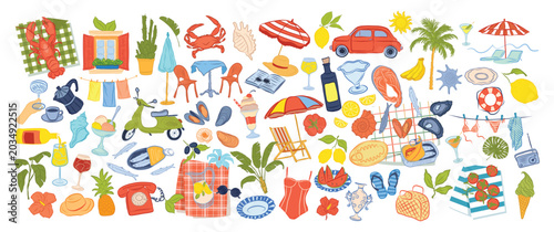 Italian summer vacation icons set Hand drawn Italy Mediterranean drawings Dolce vita amalfi style Italian holiday doodle elements retro vibe. Great for prints, posters, cards, stickers, decor