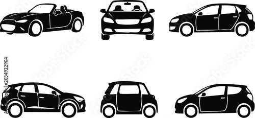 Photography A set of black vehicle silhouette icons featuring a convertible, sedan, hatchback, crossover SUV, electric microcar, and subcompact city car, isolated on white background
