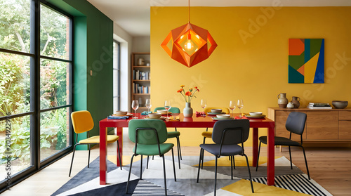 A vibrant dining room features a bright red table, contrasting chairs, and a striking geometric pendant light against a bold yellow wall.