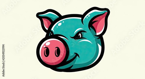 Teal pig head mascot logo with pink details.