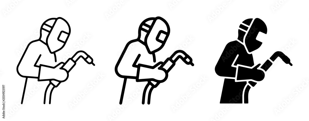 Fototapeta premium Welder Icons Set, Industrial Worker Silhouette, Metal Fabrication Graphics, Safety Gear, Welding Torch, Manufacturing Process, Skilled Labor