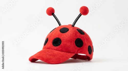 Red ladybug baseball cap with antennae isolated on white background