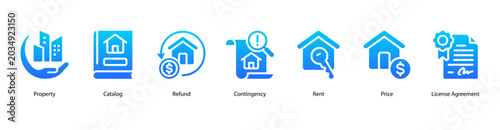 Foto Property Agreement web banner icon vector illustration featuring Property, Catalog, Refund, Contingency, Rent, Price, and License Agreement
