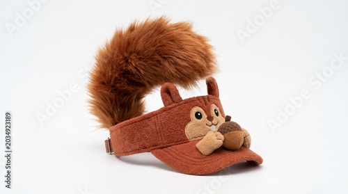 Funny squirrel visor hat with fluffy tail isolated on white background
