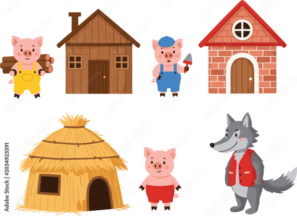 Obraz premium Three Little Pigs Fairy Tale Vector Element Set with Cute Cartoon Pig Characters, Big Bad Wolf, Straw, Wood, and Brick Houses