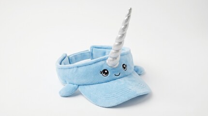 Cute blue narwhal plush visor hat isolated on white background