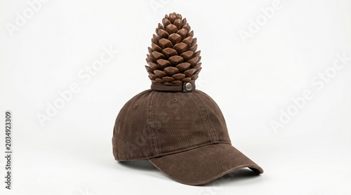 Brown baseball cap with a wooden pinecone topper isolated on white background