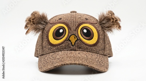 Brown owlthemed baseball cap with feather ear tufts isolated on white background