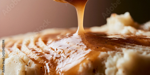 Mashed potatoes with gravy drizzled on top in warm lighting  
