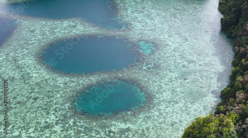 Schilderij op canvas Aerial View of Deep Blue Holes Within Palau Coral Reefs
