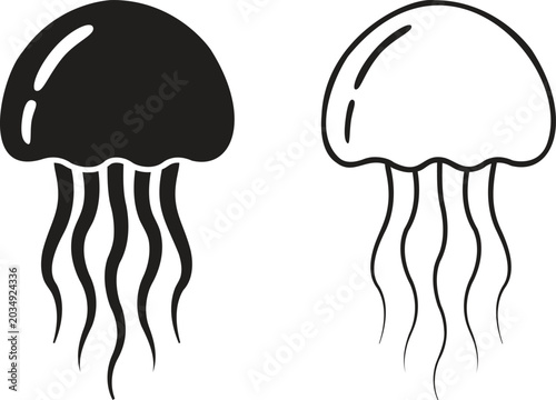 Photography Jellyfish icon set in black silhouette and line art style, marine life sea creat