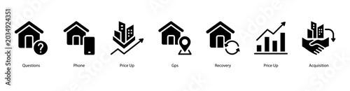 Financial Strategy web banner icon vector illustration featuring Questions, Phone, Price Up, Gps, Recovery, Price Up, and Acquisition.