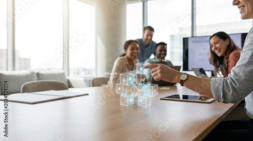 Person engaging with a virtual interface in a modern team collaboration setting with emphasis on technology