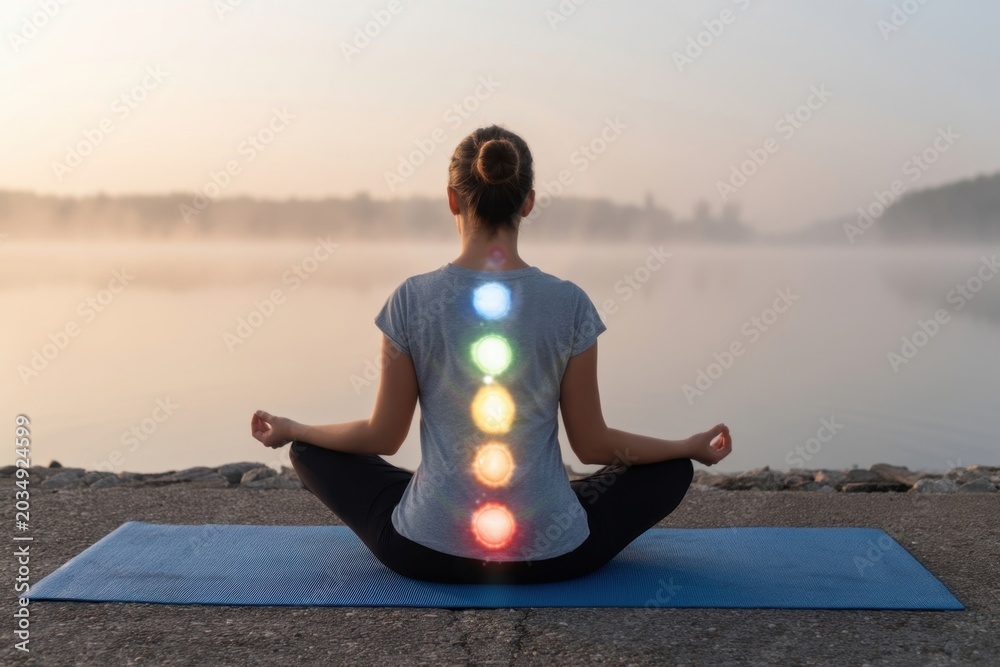 Fototapeta premium The person meditating on a lakeside yoga mat with colorful chakra lights