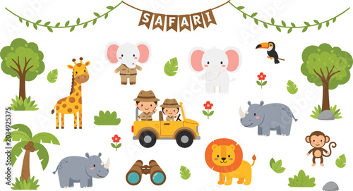 Photography Cute Safari Vector Element Set with Jungle Animals, Tourists in Jeep, Tropical T