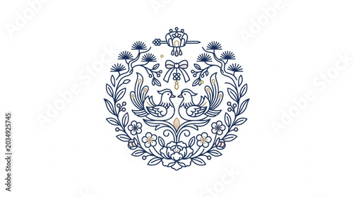 Bild auf Leinwand Elegant Japanese Crest Design with Birds and Flowers.