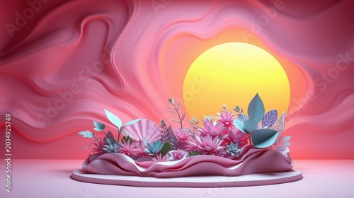 Abstract floral display. Pink hues dominate scene, warm light emanates from circular backdrop. Minimalist design, soft textures present.