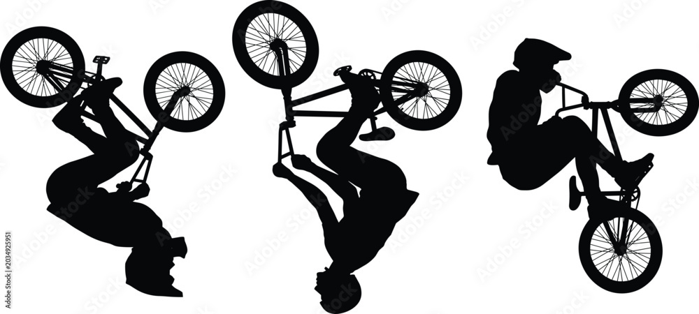 Fototapeta premium Silhouette collection of BMX riders performing freestyle bicycle stunts and tricks isolated on light background