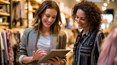 Women shopping together using digital tablet
