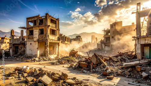 War-torn cityscape with destroyed buildings and rubble on the ground under a cloudy sky