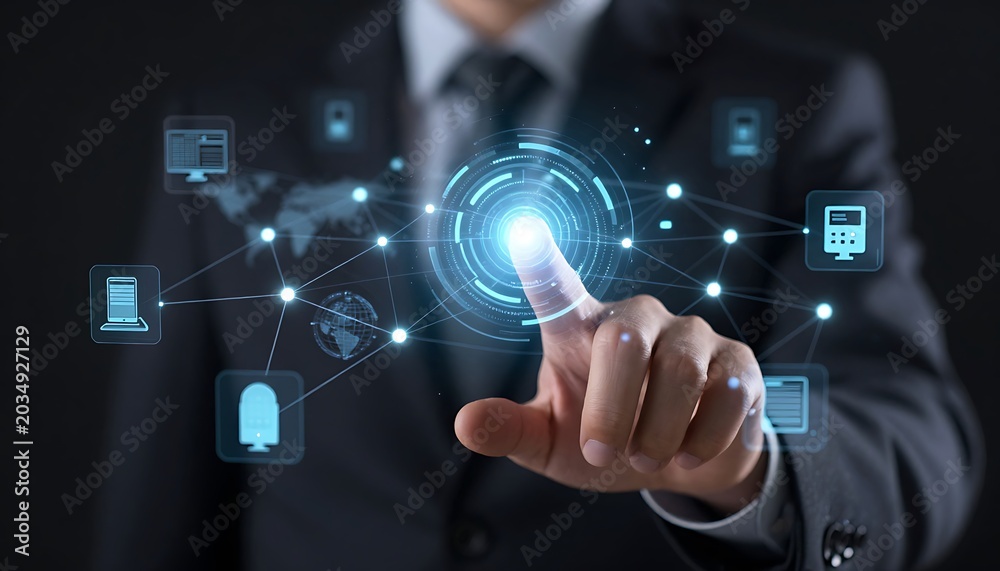 Fototapeta premium Hand Touching Glowing Connection Node in IoT Network Hologram